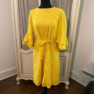 Nine West Gold flare sleeve Swiss dot tie-waist dress